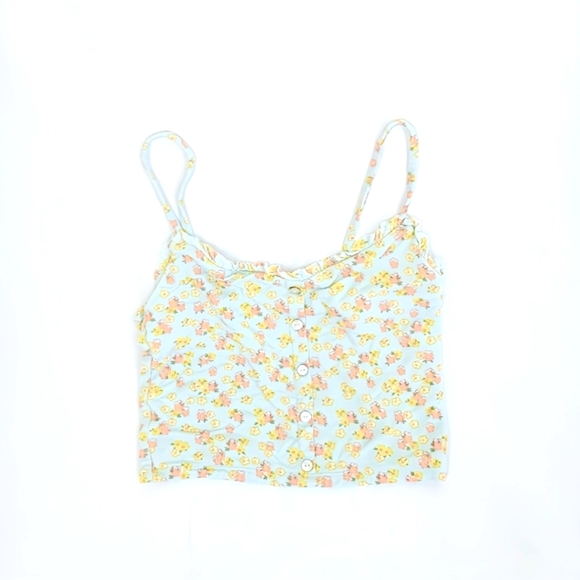 PacSun PacCares Blue Floral Crop Top Small Button-Down Ruffle Trim Sleeveless - Picture 1 of 4